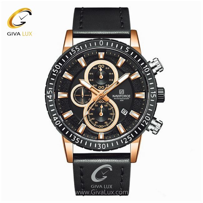 ساعت مچی اورجینال مردانه ناوی فورس|Naviforce|نوی فورس|نیوی فورس سه موتوره فول تایم-سه موتوره کرنوگراف رزگلد | مشکی| مشکی| کد رفرنس NF8003